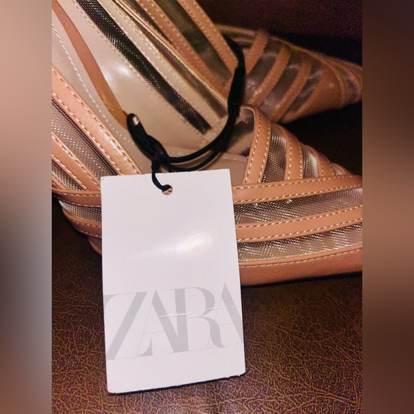 NWT ZARA Tan Mesh and Leather Striped Pumps with Black Heel and Sole Size 9 - Picture 6 of 8